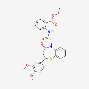 molecular formula C28H28N2O6S B2723950 ethyl 2-(2-(2-(3,4-dimethoxyphenyl)-4-oxo-3,4-dihydrobenzo[b][1,4]thiazepin-5(2H)-yl)acetamido)benzoate CAS No. 847487-42-7