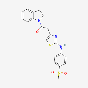 molecular formula C20H19N3O3S2 B2723952 1-(Indolin-1-yl)-2-(2-((4-(methylsulfonyl)phenyl)amino)thiazol-4-yl)ethanone CAS No. 1105227-61-9