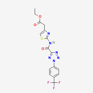 molecular formula C16H13F3N6O3S B2724002 ethyl 2-(2-(2-(4-(trifluoromethyl)phenyl)-2H-tetrazole-5-carboxamido)thiazol-4-yl)acetate CAS No. 1396844-55-5