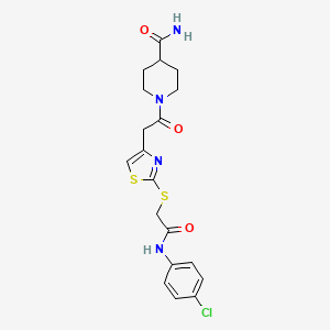 molecular formula C19H21ClN4O3S2 B2724013 1-(2-(2-((2-((4-Chlorophenyl)amino)-2-oxoethyl)thio)thiazol-4-yl)acetyl)piperidine-4-carboxamide CAS No. 954077-08-8