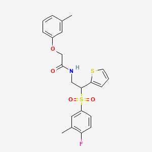 molecular formula C22H22FNO4S2 B2724016 N-(2-((4-氟-3-甲基苯基)磺酰)-2-(噻吩-2-基)乙基)-2-(间甲苯氧基)乙酰胺 CAS No. 923141-45-1