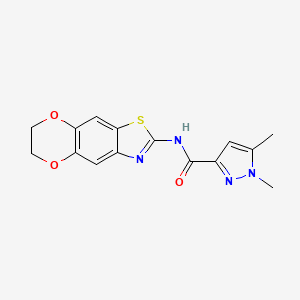 molecular formula C15H14N4O3S B2724035 N-(6,7-dihydro-[1,4]dioxino[2',3':4,5]benzo[1,2-d]thiazol-2-yl)-1,5-dimethyl-1H-pyrazole-3-carboxamide CAS No. 1013795-20-4