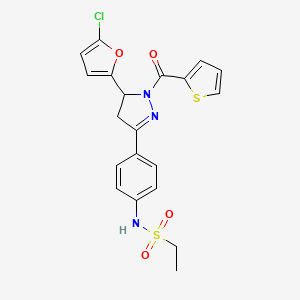 molecular formula C20H18ClN3O4S2 B2724097 N-{4-[5-(5-chlorofuran-2-yl)-1-(thiophene-2-carbonyl)-4,5-dihydro-1H-pyrazol-3-yl]phenyl}ethane-1-sulfonamide CAS No. 876941-15-0