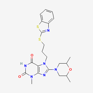 molecular formula C22H26N6O3S2 B2724163 7-[3-(1,3-Benzothiazol-2-ylsulfanyl)propyl]-8-(2,6-dimethylmorpholin-4-yl)-3-methylpurine-2,6-dione CAS No. 872627-75-3
