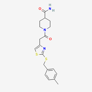 molecular formula C19H23N3O2S2 B2724228 1-(2-(2-((4-Methylbenzyl)thio)thiazol-4-yl)acetyl)piperidine-4-carboxamide CAS No. 941896-12-4