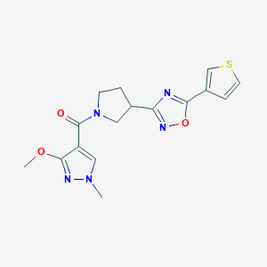 molecular formula C16H17N5O3S B2724243 (3-methoxy-1-methyl-1H-pyrazol-4-yl)(3-(5-(thiophen-3-yl)-1,2,4-oxadiazol-3-yl)pyrrolidin-1-yl)methanone CAS No. 2034414-03-2