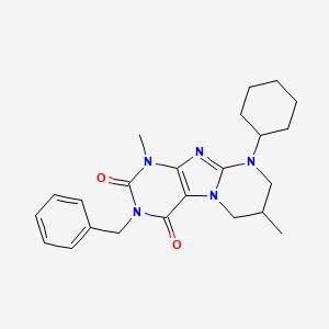 molecular formula C23H29N5O2 B2724256 3-benzyl-9-cyclohexyl-1,7-dimethyl-6,7,8,9-tetrahydropyrimido[2,1-f]purine-2,4(1H,3H)-dione CAS No. 877616-41-6