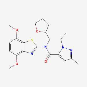 molecular formula C21H26N4O4S B2724283 N-(4,7-dimethoxybenzo[d]thiazol-2-yl)-1-ethyl-3-methyl-N-((tetrahydrofuran-2-yl)methyl)-1H-pyrazole-5-carboxamide CAS No. 1171556-51-6