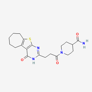 molecular formula C20H26N4O3S B2724295 1-(3-(4-oxo-4,5,6,7,8,9-hexahydro-3H-cyclohepta[4,5]thieno[2,3-d]pyrimidin-2-yl)propanoyl)piperidine-4-carboxamide CAS No. 950314-36-0