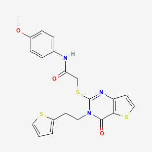 molecular formula C21H19N3O3S3 B2724310 N-(4-甲氧基苯基)-2-({4-氧代-3-[2-(噻吩-2-基)乙基]-3,4-二氢噻吩并[3,2-d]嘧啶-2-基}硫醚)乙酰胺 CAS No. 1260919-39-8