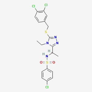 molecular formula C19H19Cl3N4O2S2 B2724370 4-chloro-N-(1-{5-[(3,4-dichlorobenzyl)sulfanyl]-4-ethyl-4H-1,2,4-triazol-3-yl}ethyl)benzenesulfonamide CAS No. 338954-03-3
