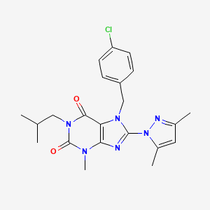 molecular formula C22H25ClN6O2 B2724389 7-(4-chlorobenzyl)-8-(3,5-dimethyl-1H-pyrazol-1-yl)-1-isobutyl-3-methyl-1H-purine-2,6(3H,7H)-dione CAS No. 1013970-04-1