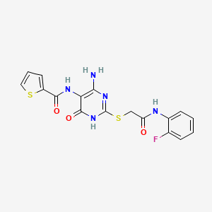 molecular formula C17H14FN5O3S2 B2724510 N-(4-氨基-2-((2-((2-氟苯基)氨基)-2-氧代乙基)硫)-6-氧代-1,6-二氢嘧啶-5-基)噻吩-2-甲酰胺 CAS No. 868225-50-7