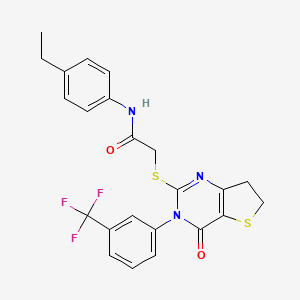 molecular formula C23H20F3N3O2S2 B2724518 N-(4-ethylphenyl)-2-((4-oxo-3-(3-(trifluoromethyl)phenyl)-3,4,6,7-tetrahydrothieno[3,2-d]pyrimidin-2-yl)thio)acetamide CAS No. 877654-15-4