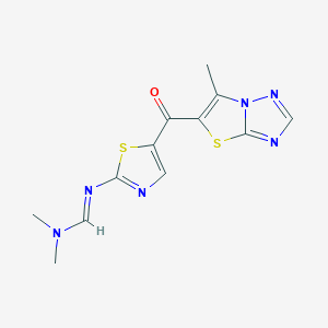 molecular formula C12H12N6OS2 B2724523 (E)-N,N-dimethyl-N'-(5-{6-methyl-[1,2,4]triazolo[3,2-b][1,3]thiazole-5-carbonyl}-1,3-thiazol-2-yl)methanimidamide CAS No. 865659-31-0