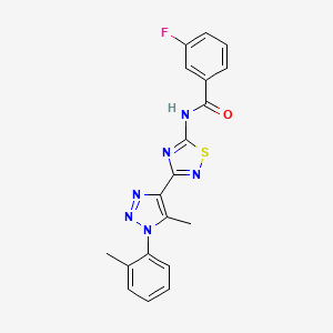 molecular formula C19H15FN6OS B2724542 3-fluoro-N-{3-[5-methyl-1-(2-methylphenyl)-1H-1,2,3-triazol-4-yl]-1,2,4-thiadiazol-5-yl}benzamide CAS No. 895114-97-3