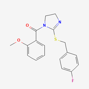 molecular formula C18H17FN2O2S B2724634 [2-[(4-Fluorophenyl)methylsulfanyl]-4,5-dihydroimidazol-1-yl]-(2-methoxyphenyl)methanone CAS No. 851865-59-3