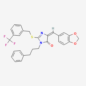 molecular formula C28H23F3N2O3S B2724676 (5E)-5-(1,3-benzodioxol-5-ylmethylidene)-3-(3-phenylpropyl)-2-[[3-(trifluoromethyl)phenyl]methylsulfanyl]imidazol-4-one CAS No. 860651-16-7