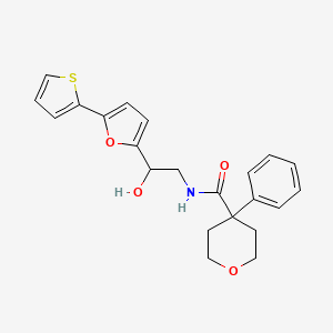 molecular formula C22H23NO4S B2724697 N-[2-Hydroxy-2-(5-thiophen-2-ylfuran-2-yl)ethyl]-4-phenyloxane-4-carboxamide CAS No. 2319723-12-9