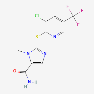 molecular formula C11H8ClF3N4OS B2724716 2-((3-Chloro-5-(trifluoromethyl)-2-pyridinyl)sulfanyl)-1-methyl-1H-imidazole-5-carboxamide CAS No. 339012-13-4