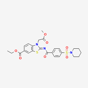 molecular formula C25H27N3O7S2 B2724739 乙酸 3-(2-甲氧基-2-氧乙基)-2-(4-哌啶-1-基磺酰苯甲酰)亚胺-1,3-苯并噻唑-6-羧酸酯 CAS No. 897733-96-9