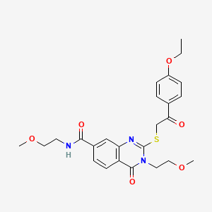 molecular formula C25H29N3O6S B2724752 2-((2-(4-ethoxyphenyl)-2-oxoethyl)thio)-N,3-bis(2-methoxyethyl)-4-oxo-3,4-dihydroquinazoline-7-carboxamide CAS No. 946323-30-4