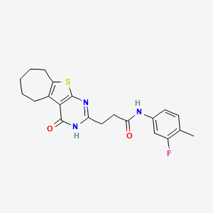 molecular formula C21H22FN3O2S B2724818 N-(3-fluoro-4-methylphenyl)-3-(4-oxo-3,5,6,7,8,9-hexahydro-4H-cyclohepta[4,5]thieno[2,3-d]pyrimidin-2-yl)propanamide CAS No. 1030112-43-6