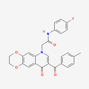 molecular formula C27H21FN2O5 B2724823 N-(4-fluorophenyl)-2-[8-(4-methylbenzoyl)-9-oxo-2,3-dihydro-[1,4]dioxino[2,3-g]quinolin-6-yl]acetamide CAS No. 866340-13-8