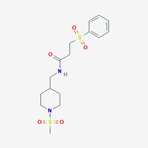 molecular formula C16H24N2O5S2 B2724827 N-((1-(甲基磺酰)哌啶-4-基甲基)-3-苯基磺酰)丙酰胺 CAS No. 1235095-10-9