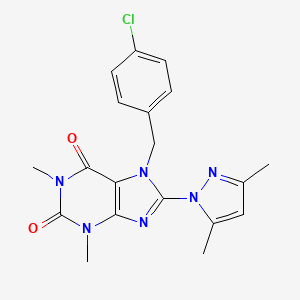 molecular formula C19H19ClN6O2 B2724831 7-[(4-Chlorophenyl)methyl]-8-(3,5-dimethylpyrazol-1-yl)-1,3-dimethylpurine-2,6-dione CAS No. 1019100-22-1
