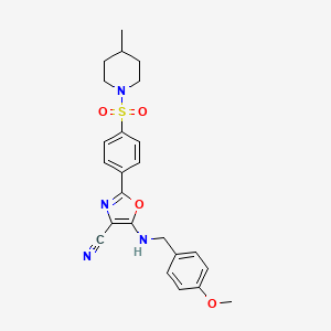 molecular formula C24H26N4O4S B2724901 5-((4-Methoxybenzyl)amino)-2-(4-((4-methylpiperidin-1-yl)sulfonyl)phenyl)oxazole-4-carbonitrile CAS No. 941000-60-8