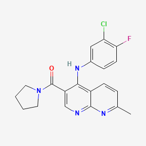 molecular formula C20H18ClFN4O B2724942 (4-((3-Chloro-4-fluorophenyl)amino)-7-methyl-1,8-naphthyridin-3-yl)(pyrrolidin-1-yl)methanone CAS No. 1251551-14-0