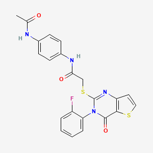 molecular formula C22H17FN4O3S2 B2724997 N-[4-(acetylamino)phenyl]-2-{[3-(2-fluorophenyl)-4-oxo-3,4-dihydrothieno[3,2-d]pyrimidin-2-yl]sulfanyl}acetamide CAS No. 1260991-54-5