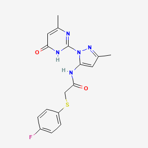 molecular formula C17H16FN5O2S B2725041 2-((4-fluorophenyl)thio)-N-(3-methyl-1-(4-methyl-6-oxo-1,6-dihydropyrimidin-2-yl)-1H-pyrazol-5-yl)acetamide CAS No. 1208772-93-3