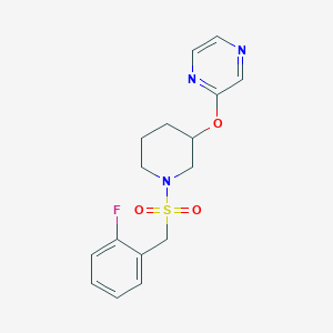 molecular formula C16H18FN3O3S B2725079 2-((1-((2-Fluorobenzyl)sulfonyl)piperidin-3-yl)oxy)pyrazine CAS No. 2034448-60-5