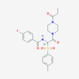 molecular formula C23H26FN3O5S B2725102 4-fluoro-N-(2-oxo-2-(4-propionylpiperazin-1-yl)-1-tosylethyl)benzamide CAS No. 1032187-18-0