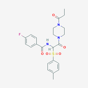 molecular formula C23H26FN3O5S B2725102 4-氟-N-(2-氧代-2-(4-丙酰哌嗪-1-基)-1-对甲苯基乙基)苯酰胺 CAS No. 1032187-18-0