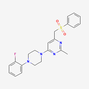 molecular formula C22H23FN4O2S B2725103 (6-(4-(2-Fluorophenyl)piperazino)-2-methyl-4-pyrimidinyl)methyl phenyl sulfone CAS No. 338960-49-9