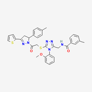 molecular formula C34H32N6O3S2 B2725120 N-((4-(2-methoxyphenyl)-5-((2-oxo-2-(3-(thiophen-2-yl)-5-(p-tolyl)-4,5-dihydro-1H-pyrazol-1-yl)ethyl)thio)-4H-1,2,4-triazol-3-yl)methyl)-3-methylbenzamide CAS No. 362502-49-6
