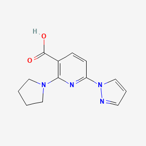 molecular formula C13H14N4O2 B2725204 6-(1H-pyrazol-1-yl)-2-(pyrrolidin-1-yl)nicotinic acid CAS No. 2411638-67-8