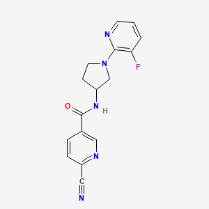 molecular formula C16H14FN5O B2725269 6-Cyano-N-[1-(3-fluoropyridin-2-yl)pyrrolidin-3-yl]pyridine-3-carboxamide CAS No. 2223875-07-6