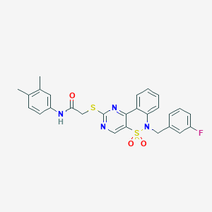 molecular formula C27H23FN4O3S2 B2725323 N-(3,4-dimethylphenyl)-2-{[6-(3-fluorobenzyl)-5,5-dioxido-6H-pyrimido[5,4-c][2,1]benzothiazin-2-yl]thio}acetamide CAS No. 895099-42-0