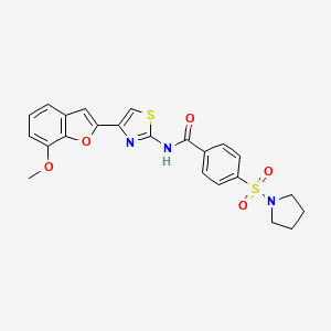 molecular formula C23H21N3O5S2 B2725339 N-(4-(7-methoxybenzofuran-2-yl)thiazol-2-yl)-4-(pyrrolidin-1-ylsulfonyl)benzamide CAS No. 921869-44-5