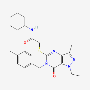 molecular formula C24H31N5O2S B2725381 N-cyclohexyl-2-({1-ethyl-3-methyl-6-[(4-methylphenyl)methyl]-7-oxo-1H,6H,7H-pyrazolo[4,3-d]pyrimidin-5-yl}sulfanyl)acetamide CAS No. 1359317-55-7