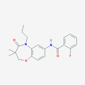 molecular formula C21H23FN2O3 B2725387 N-(3,3-二甲基-4-氧代-5-丙基-2,3,4,5-四氢苯并[b][1,4]噁唑啉-7-基)-2-氟苯甲酰胺 CAS No. 921791-82-4