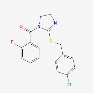 molecular formula C17H14ClFN2OS B2725461 (2-((4-chlorobenzyl)thio)-4,5-dihydro-1H-imidazol-1-yl)(2-fluorophenyl)methanone CAS No. 851801-69-9