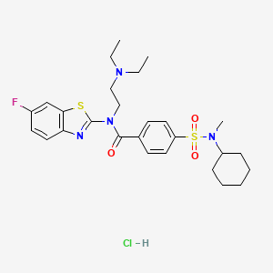 molecular formula C27H36ClFN4O3S2 B2725477 4-(N-cyclohexyl-N-methylsulfamoyl)-N-(2-(diethylamino)ethyl)-N-(6-fluorobenzo[d]thiazol-2-yl)benzamide hydrochloride CAS No. 1322253-72-4