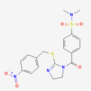 molecular formula C19H20N4O5S2 B2725491 N,N-dimethyl-4-(2-((4-nitrobenzyl)thio)-4,5-dihydro-1H-imidazole-1-carbonyl)benzenesulfonamide CAS No. 851802-54-5
