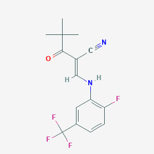 molecular formula C15H14F4N2O B2725492 (2E)-2-[[2-fluoro-5-(trifluoromethyl)anilino]methylidene]-4,4-dimethyl-3-oxopentanenitrile CAS No. 1025276-83-8
