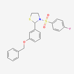 molecular formula C22H20FNO3S2 B2725511 2-(3-(Benzyloxy)phenyl)-3-((4-fluorophenyl)sulfonyl)thiazolidine CAS No. 865591-55-5